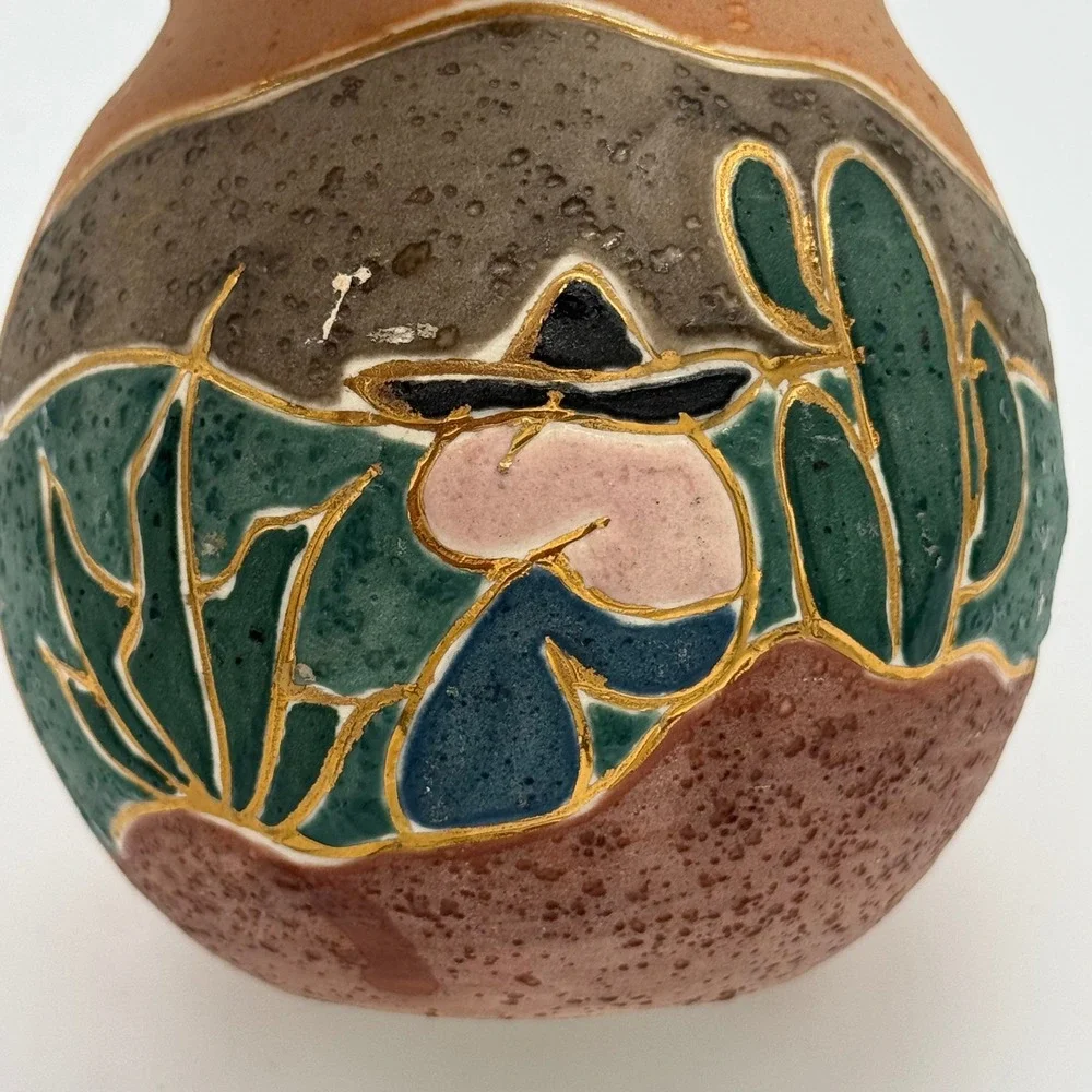 Vintage ACEVLOZA Mexican Pottery Vase Hand Painted Siesta Cactus Gold Trim 5x4